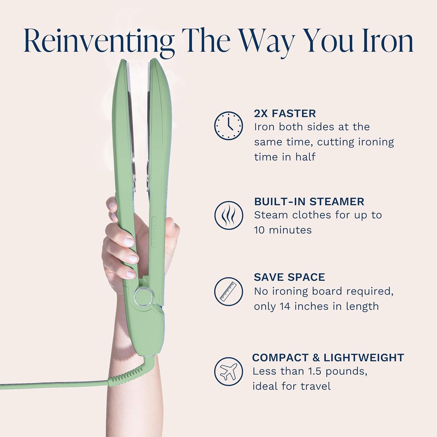 Nori Press Travel Steam Iron - Handheld Iron With Optional Steam Feature - No Ironing Board Required - Easy to Use w/ 6 Fabric Settings - Removes Wrinkles - User Manual Included - Green
