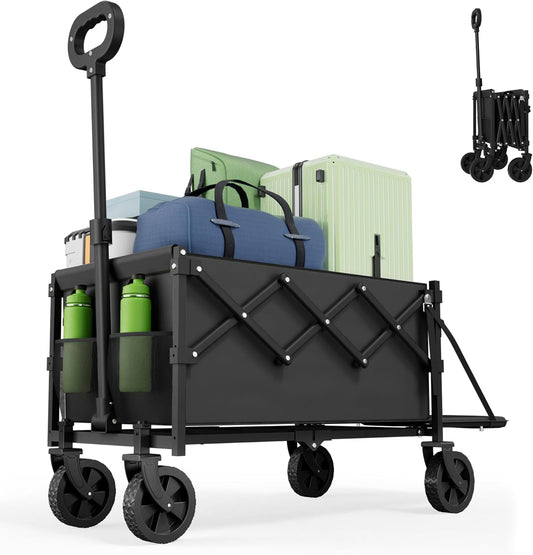 Collapsible Folding Wagon with Tailgate, Wagons Carts Foldable with 350lbs Capacity, Lightweight Portable Utility Wagon Cart for Shopping Camping Sports Garden (BLACK02)