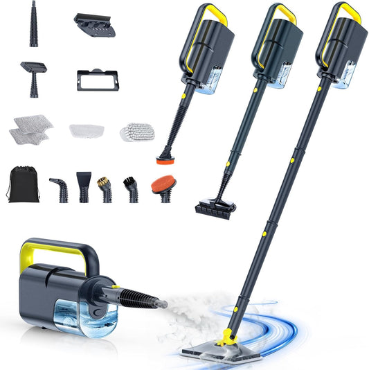 ScrubWiz Steam Mop Cleaner with Detachable Handheld Steamer, 10-in-1 Multi Accessories, Washable Microfiber Pads, 350ml and 2 Adjustable Levels for Cleaning Floor, Carpet, Grill, Tile, and Grout, Gray