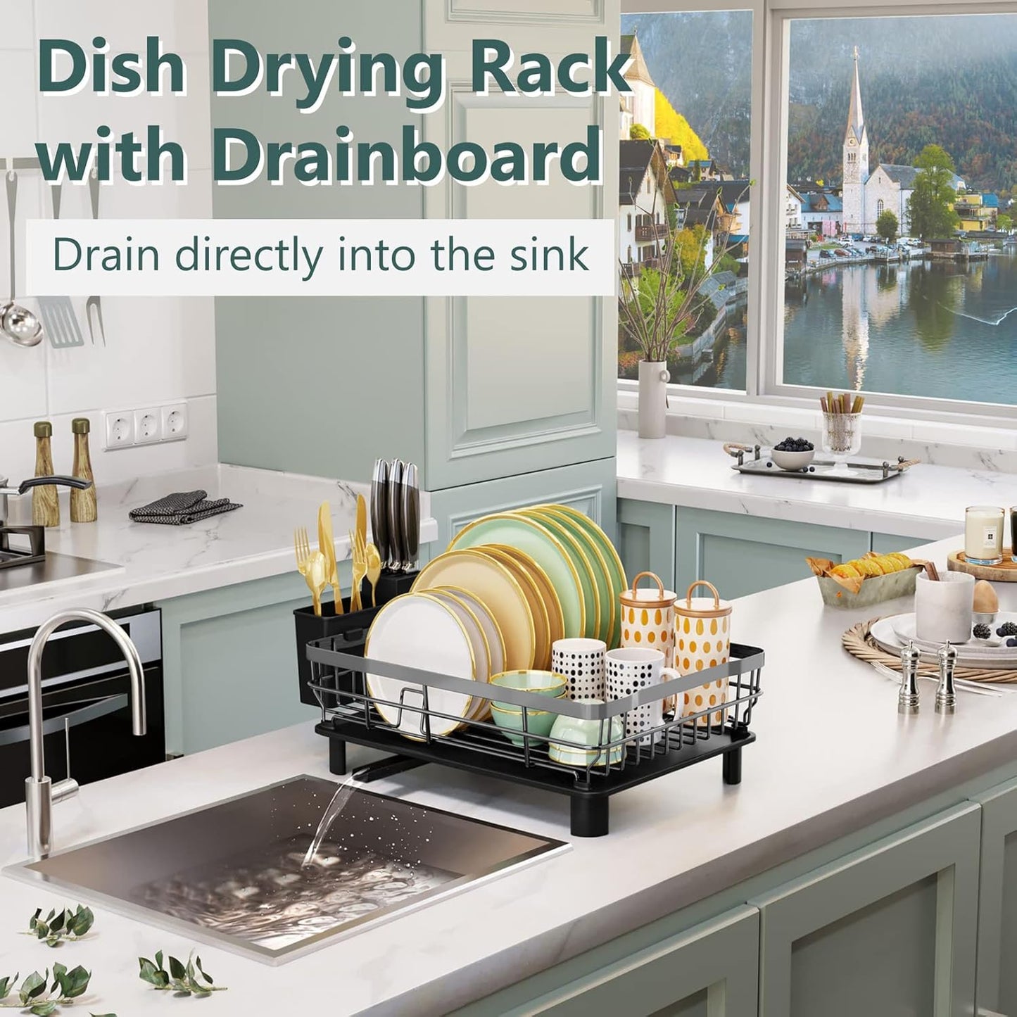 Iron Dish Drying Rack with Drainboard Dish Drainers for Kitchen Counter Extendable Spout Strainers with Utensil Holder and Knife Slots, Grey