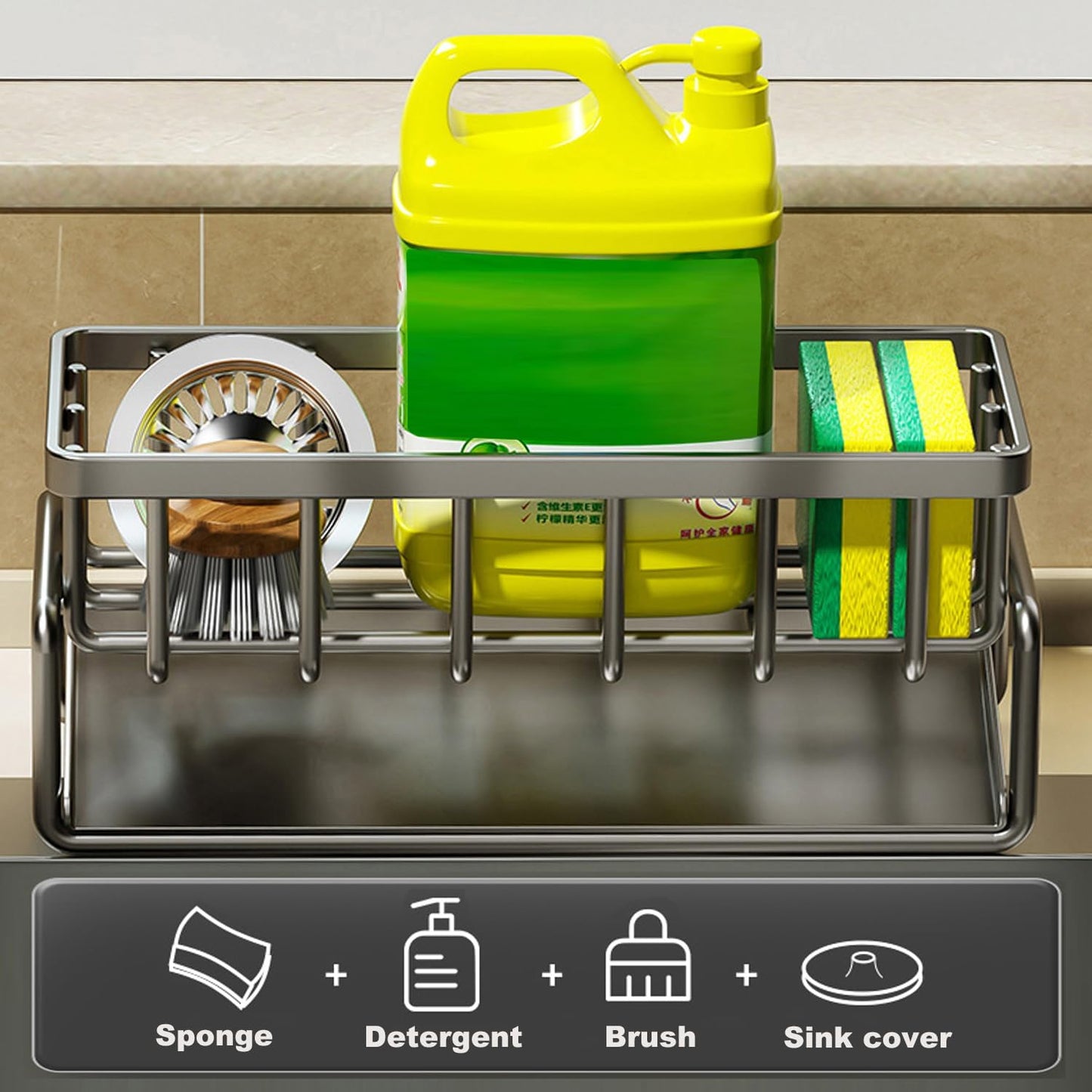 Sponge Holder for Kitchen Sink, Sink Caddy with Dishcloth Rack, Kitchen Sink Storage Rack Organizer Countertop Rustproof, Soap Dispenser Organizers and Storage Essentials