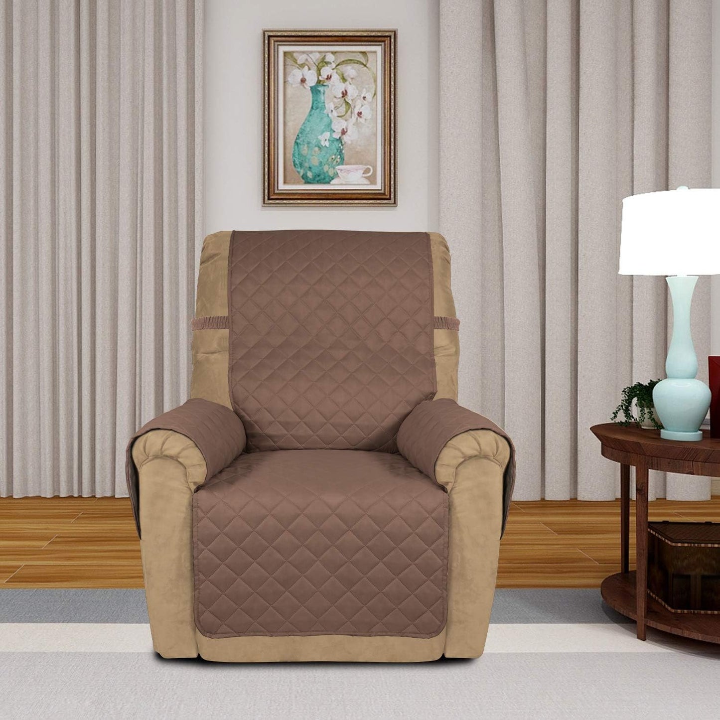 PureFit Reversible Quilted Sofa Cover, Water Resistant Slipcover Furniture Protector, Washable Couch Cover with Non Slip and Elastic Straps for Kids, Dogs, Pets (Small Recliner, Brown/Beige)