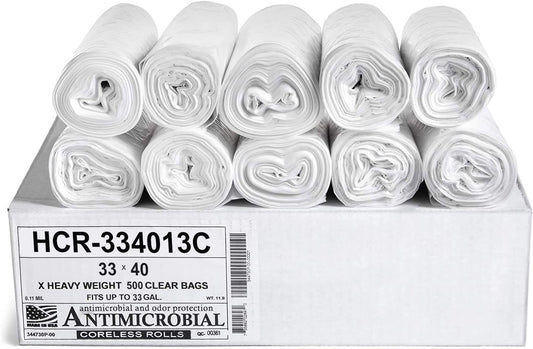 Aluf Plastics High Density Trash Bags, 33 Gallon, 500 Count, 13 Micron (eq), 33" x 40", Clear, for Bathroom, Office, Industrial, Commercial, Janitorial, Municipal, Recycling