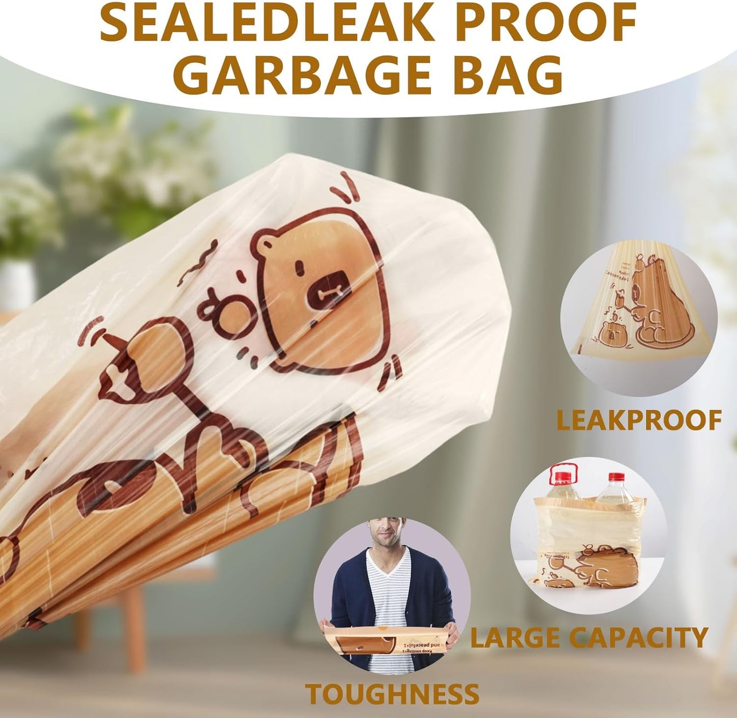 VOK 4 Gallon Trash Bags with Capybara Printed, Drawstring Small Garbage Bags, Tear-Resistant & Odor-Control Bathroom/Kitchen Trash Can Liners, Bathroom Trash Bags with Secure Tie, 100 Counts