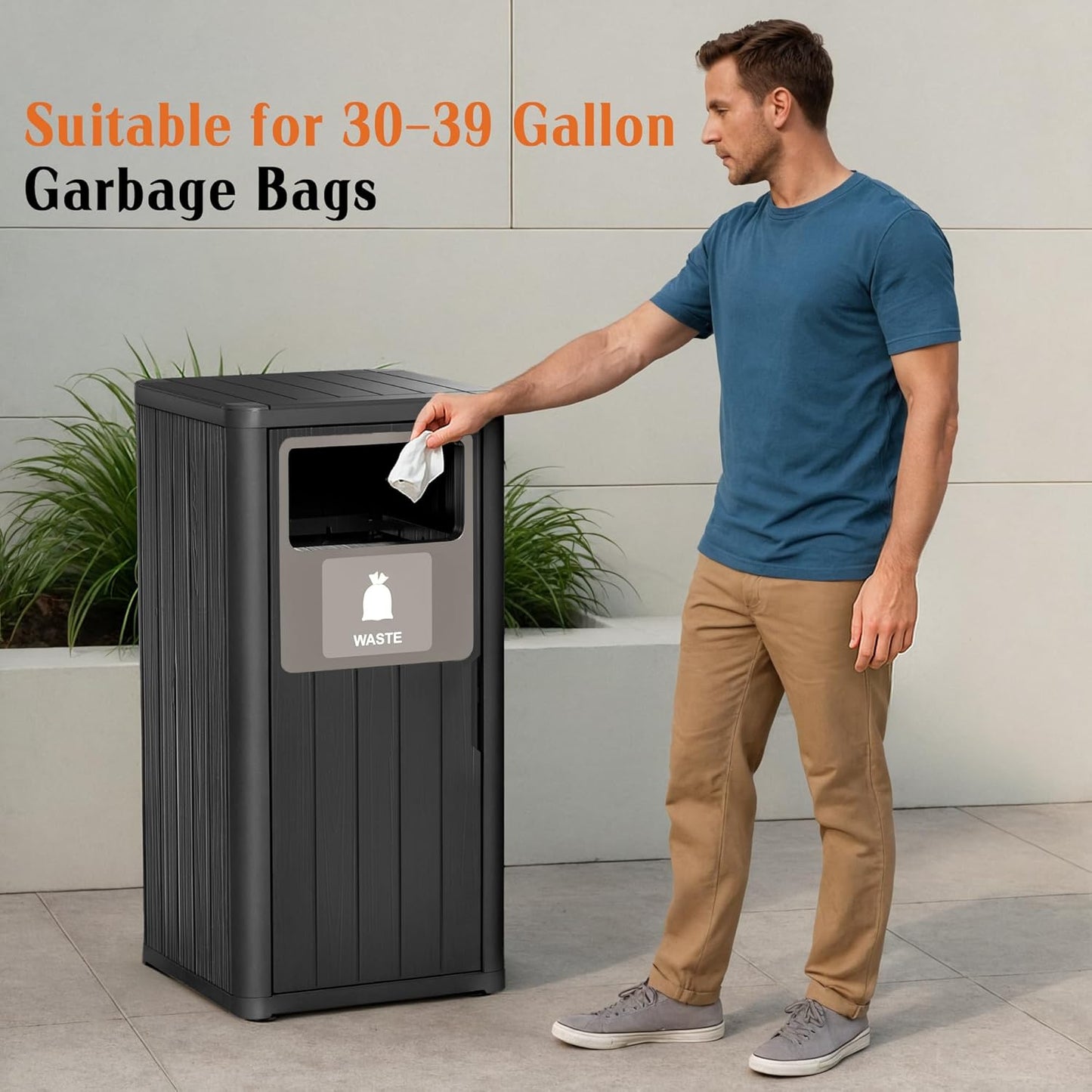 ROJIK 35" Tall Outdoor Trash Can,Weatherproof Resin Garbage Indoor Durable Lightweight,Suitable for Patio Office Kitchen,Easy to Clean,Assemble(Waste, Black)