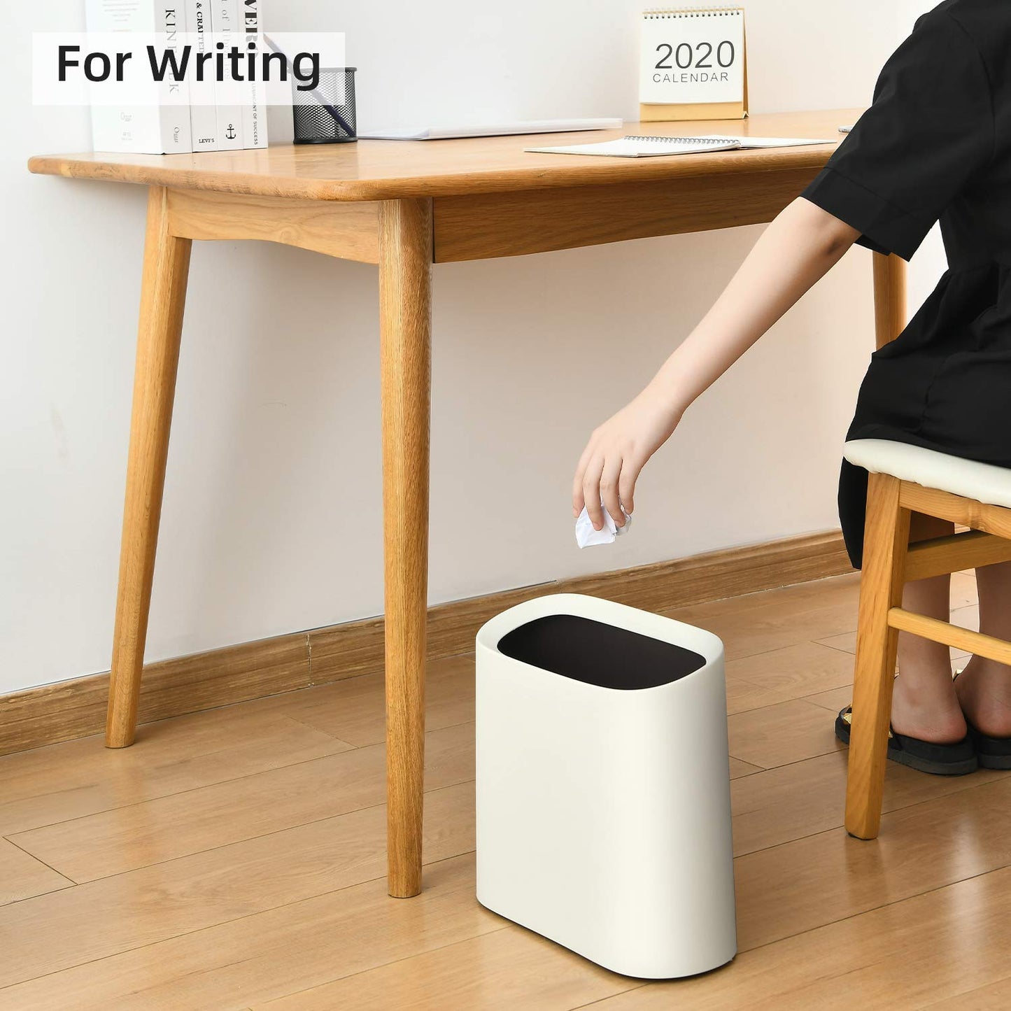 SUBEKYU 2.3 Gal Trash Can for Bathroom,Small Office Garbage Can for Kitchen,Slim Rectangular Waste Bin,Plastic,White