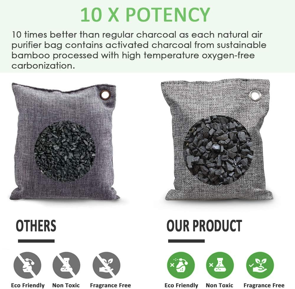 NIYIKOW Charcoal Bags Odor Absorber (Large, 4Pack x 200g), Nature Fresh Bamboo Charcoal Air Purifying Bags, Activated Charcoal Odor Absorber for Home, Car, Closet, Pets, Basement Odor Eliminator -Grey