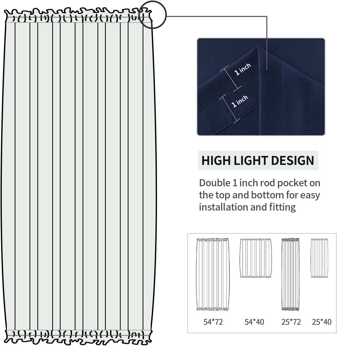 DWCN French Door Curtains – Rod Pocket Thermal Blackout Curtain for Doors with Glass Window, Kitchen and Patio Doors for Privacy, 25 X 72 Inches Long, 1 Curtain Panel with Tieback, Navy Blue