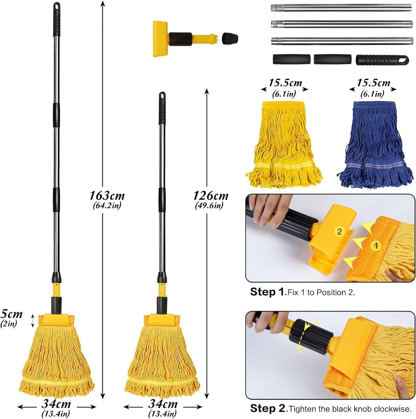 Masthome Industrial Mop, Commercial Mop for Floor Cleaning Heavy Duty, Cotton Mops Looped-End String Wet Mops with 2 MopHeads for Home, Garage, Office Floor Cleaning (Yellow-Blue)