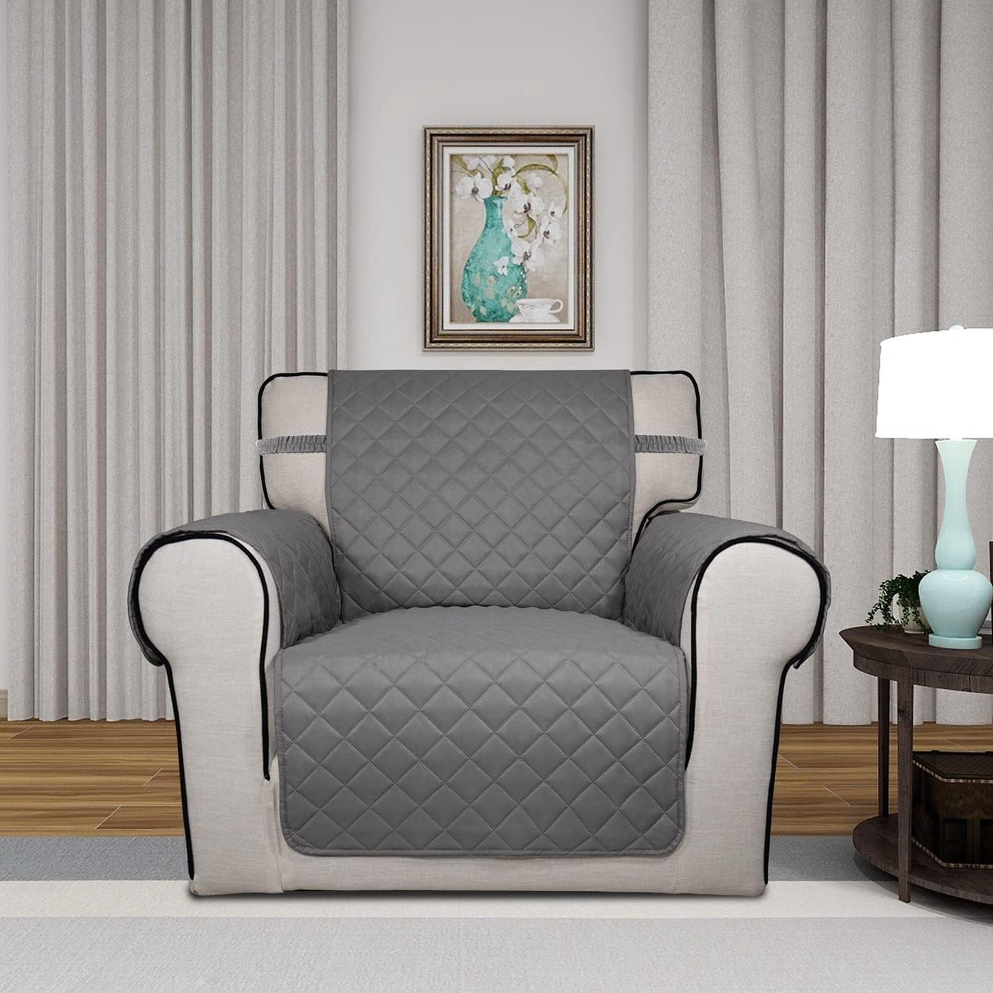 PureFit Reversible Quilted Sofa Cover, Water Resistant Slipcover Furniture Protector, Washable Couch Cover with Non Slip and Elastic Straps for Kids, Dogs, Pets (Chair, Gray/Gray)