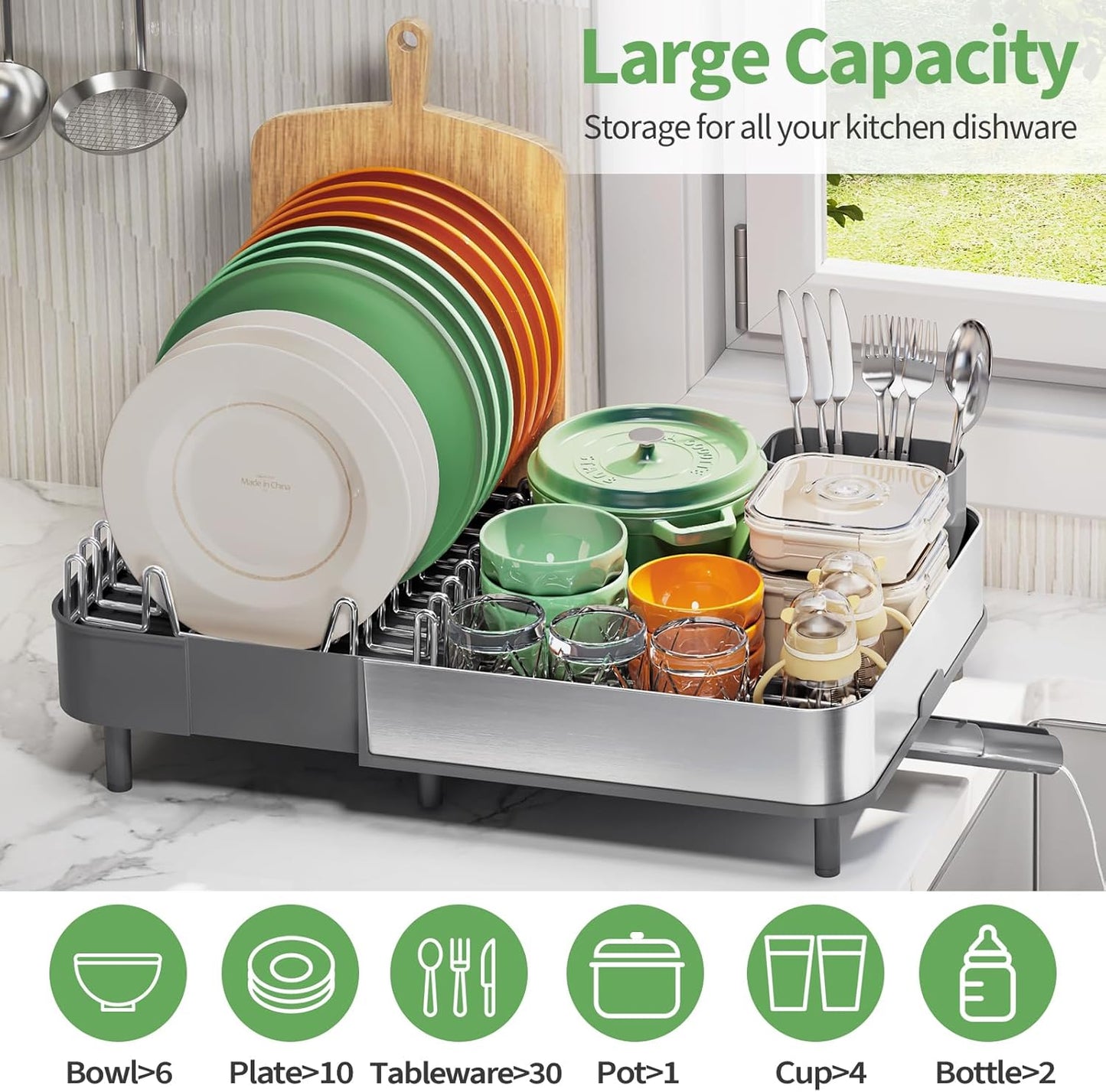 Expandable Dish Drying Rack,Foldable 304 Stainless Steel Dish Rack with Dual Parts, Extendable Dish Drainer Rack for Kitchen Counter, Dish Drying Rack with Cutlery Holder Gray