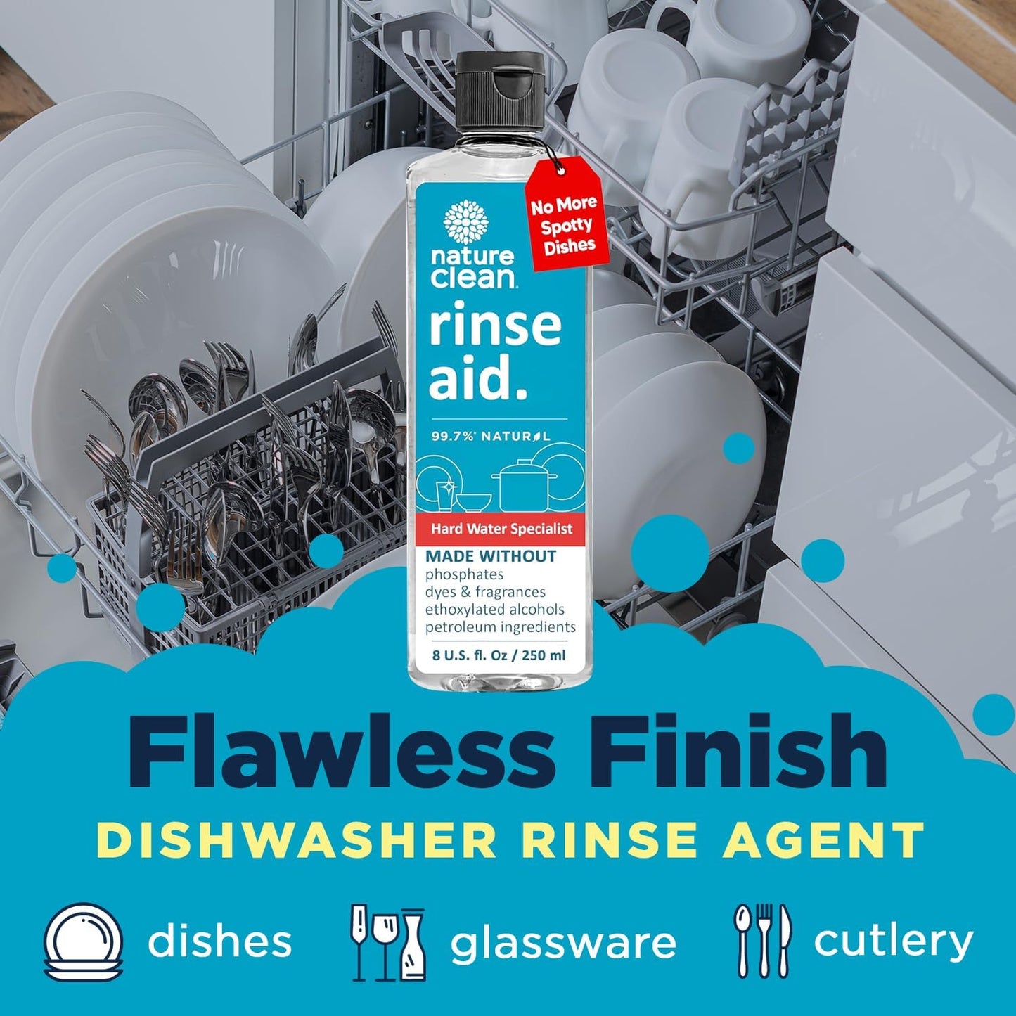 Nature Clean All Natural Dishwasher Rinse Aid Cleaner, Liquid Dishwasher Rinse Agent for Spot-Free Glass & Cutlery in Hard Water, Non Toxic Dish Washer Rinse Aid & Stain Remover, 8 oz/250ml, Pack of 6