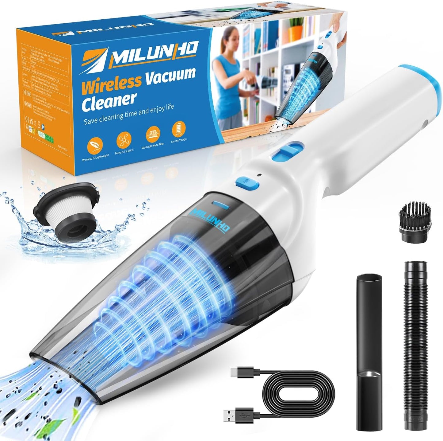 Powerful Handheld Vacuum Cordless, 9500PA Rechargeable Car Vacuum Portable Cordless, Lightweight & Portable Mini Handheld Vacuum Cleaner with Large-Capacity Battery for Car/Home/Pet