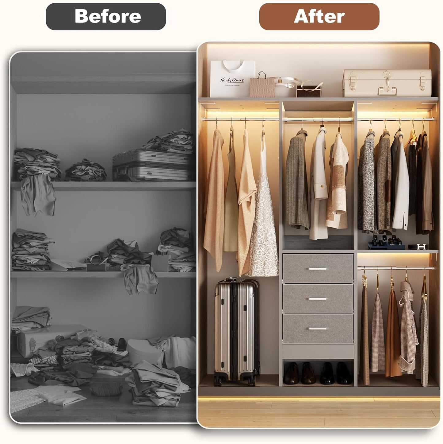 4FT Small Closet System with 3 Fabric Drawers, 48'' Closet Organizer System With 3 Adjustable Shelves, Flexible Built-In Clothes Garment Rack for Small Space, 48" L x 13" W x 71" H, Grey