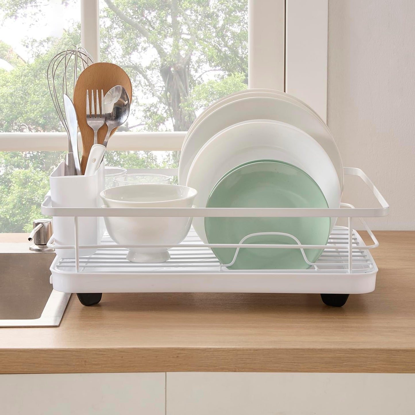 Dish Drying Rack 3 Piece Dish Drainer with Drainboard Set for Kitchen Counter – Dish Rack with Removable Utensil Holder & Swivel Spout for Countertop – DishRack for Plates, Cups & More, White