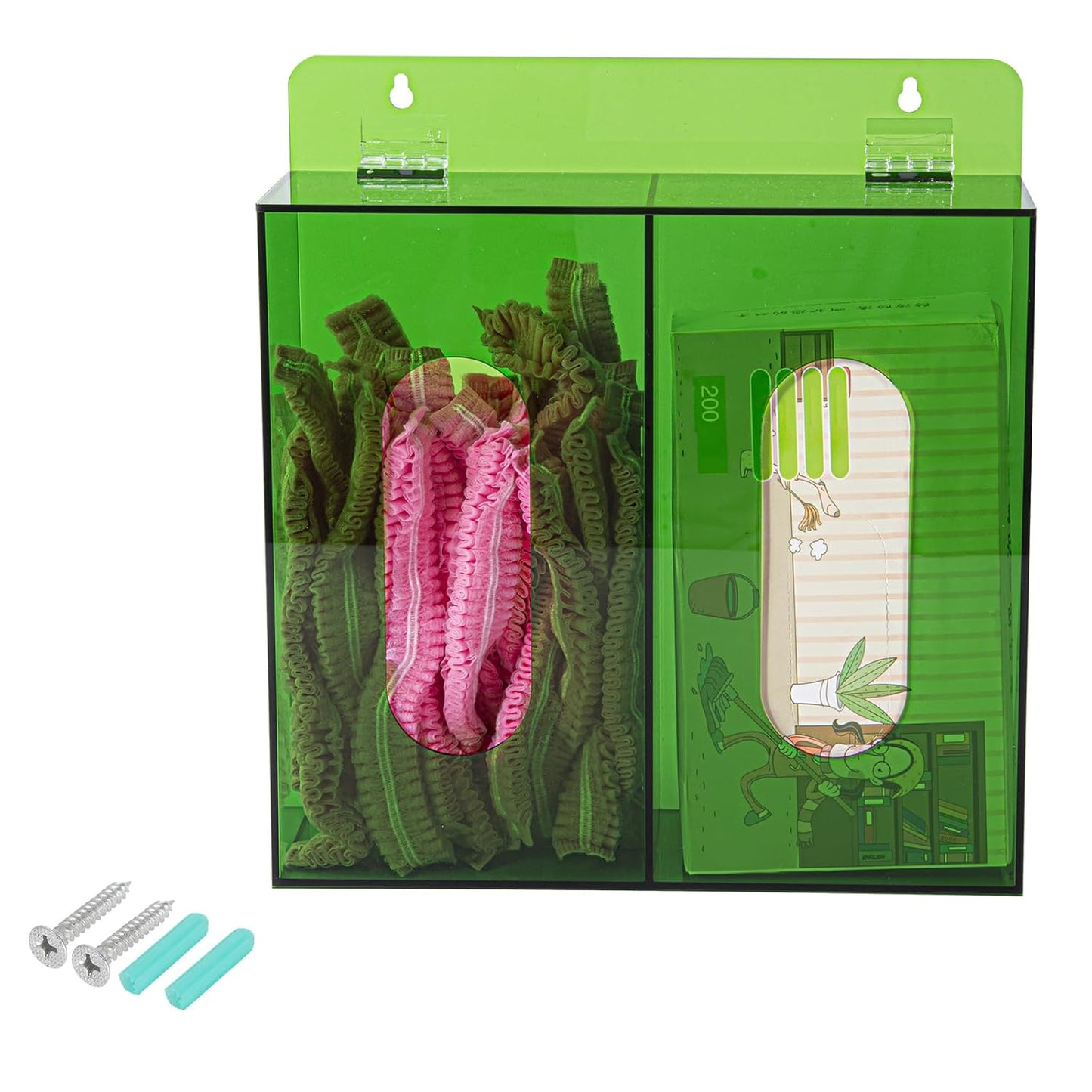Wall Mounted Glove Dispenser, Hairnet Shoe Cover Dispenser，Acrylic Glove Box Holder, Green (for 2 Boxes)