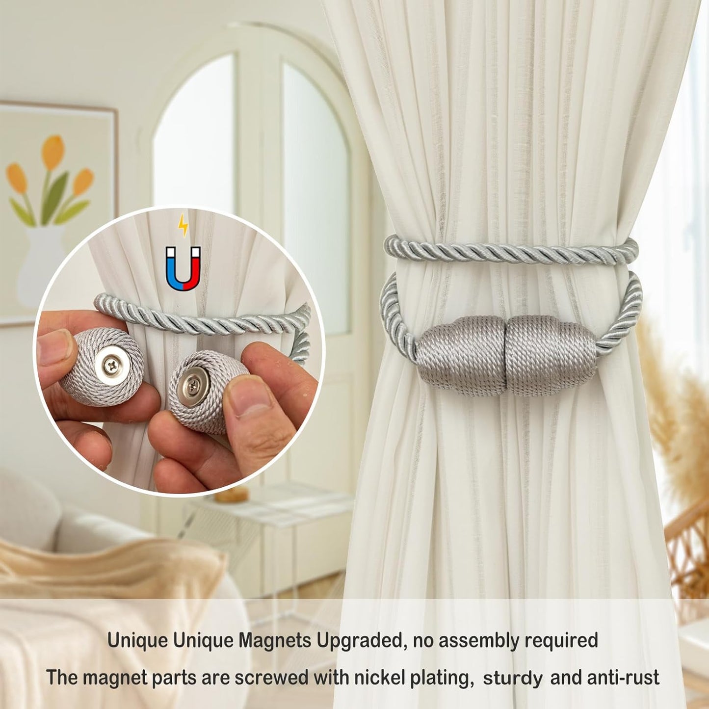 Magnetic Curtain Tiebacks - Rope Tiebacks for Curtains & Drapes, Decorative Window Holdbacks, Grey (2 Pack)