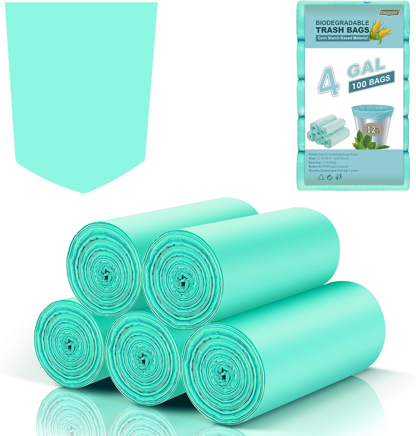 4 Gallon Biodegradable Trash Bags - Inwaysin Bulk 100 Count Unscented Compostable Garbage Bags for Bathroom Bedroom Office Kitchen Trash Can Waste Basket Liners Strong Thick