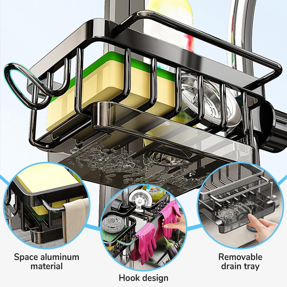 Sink Organizer Rack for Kitchen and Bathroom, 2024 New Kitchen Sink Faucet Organizer with Drip Tray Faucet Sponge Holder (Grey, Right)