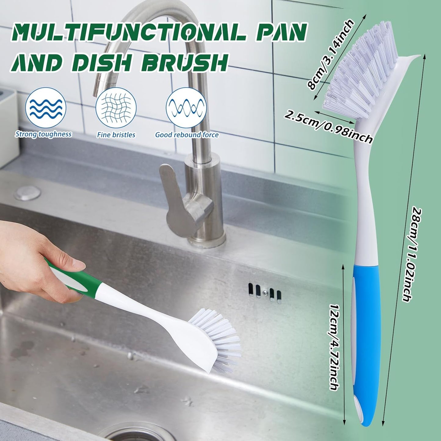 Hsei 20 Pcs Blue and Green Kitchen Scrub Dish Brush Bulk with 11 Inch Anti Slip Handle Cleaning Dish Scrubber with Stiff Bristles Washing Scrub Brushes for Housekeeping for Pots and Pans, Kitchen Sink