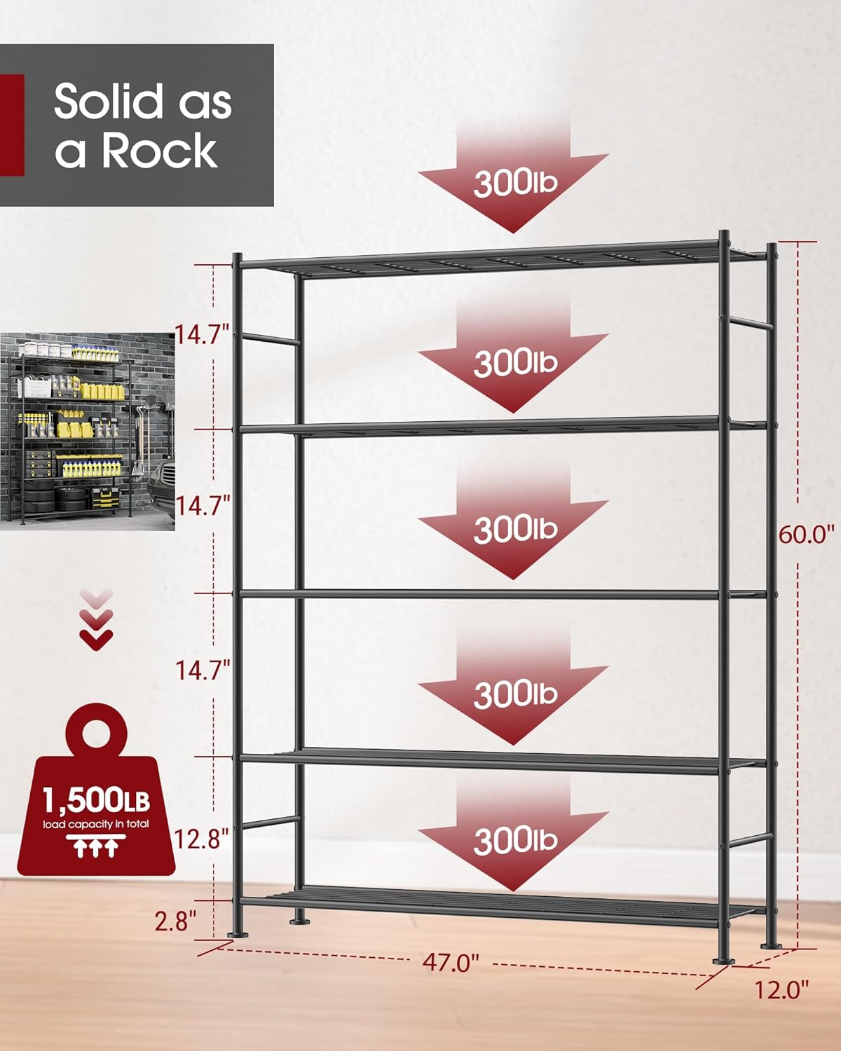 Storage Shelves - 5 Tier Shelf Organizer, Sturdy Metal Garage Shelving with Adjustable Leveling Feet, Space-Saving Shelves Organizer for Pantry, Laundry, Kitchen (47" x 12" x 60", Black)