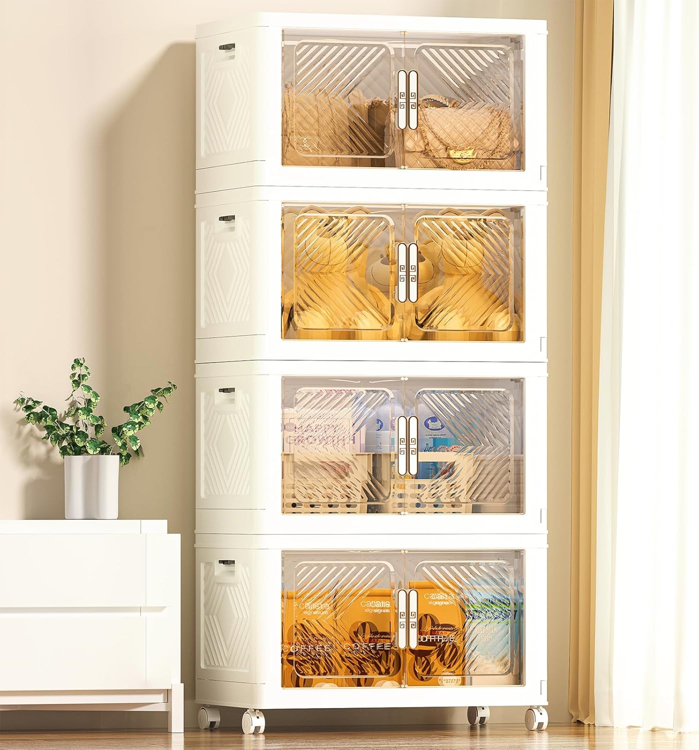 Storage Bins with Lid 76QT, Stackable Storage Containers with Wheels and Magnetic Doors, Plastic Clothes Closet Organizers and Storage Box for Pantry, Home and Office (4 Pack)
