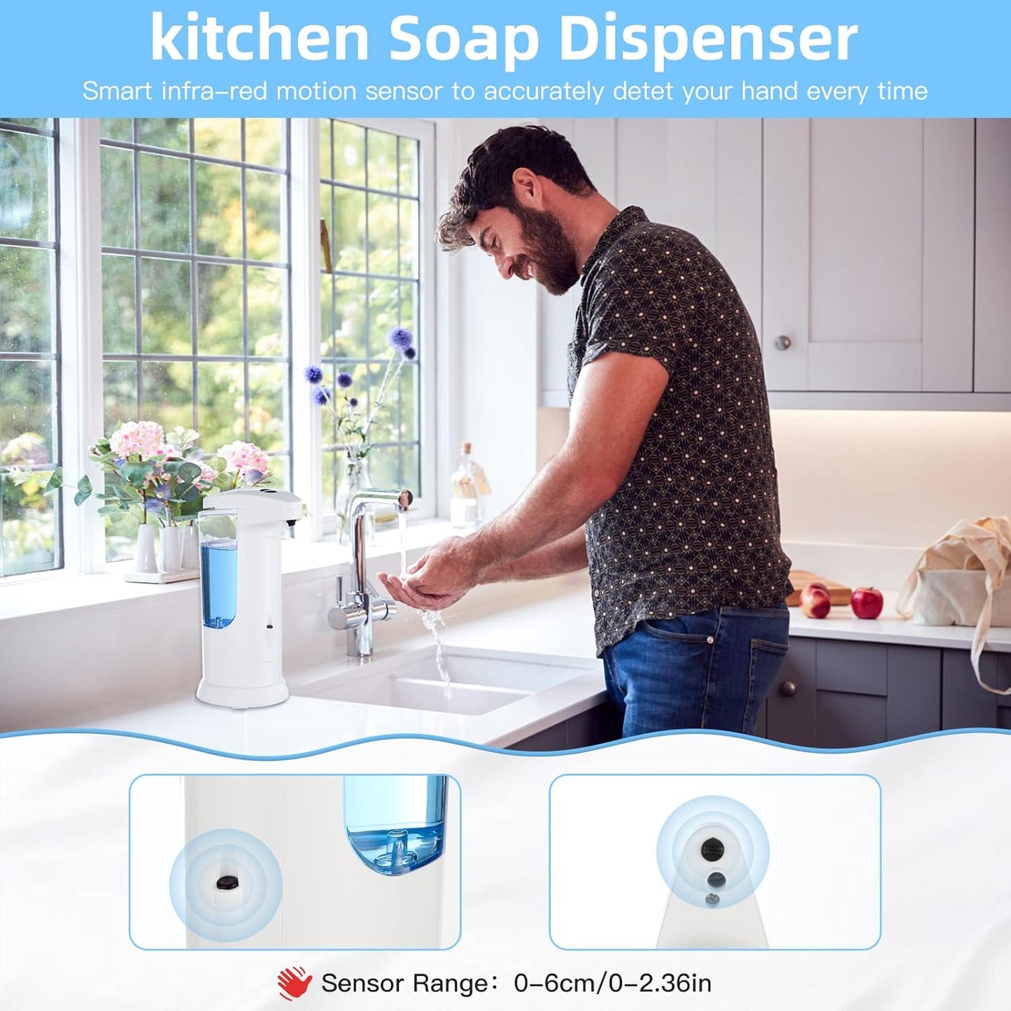 Automatic Soap Dispenser 400ml/13.5oz,Clear High Capacity Touchless with Infrared Sensor,HandsFree Soap Dispenser Seals Water-Resistant, Adjustable Liquid Dispensing