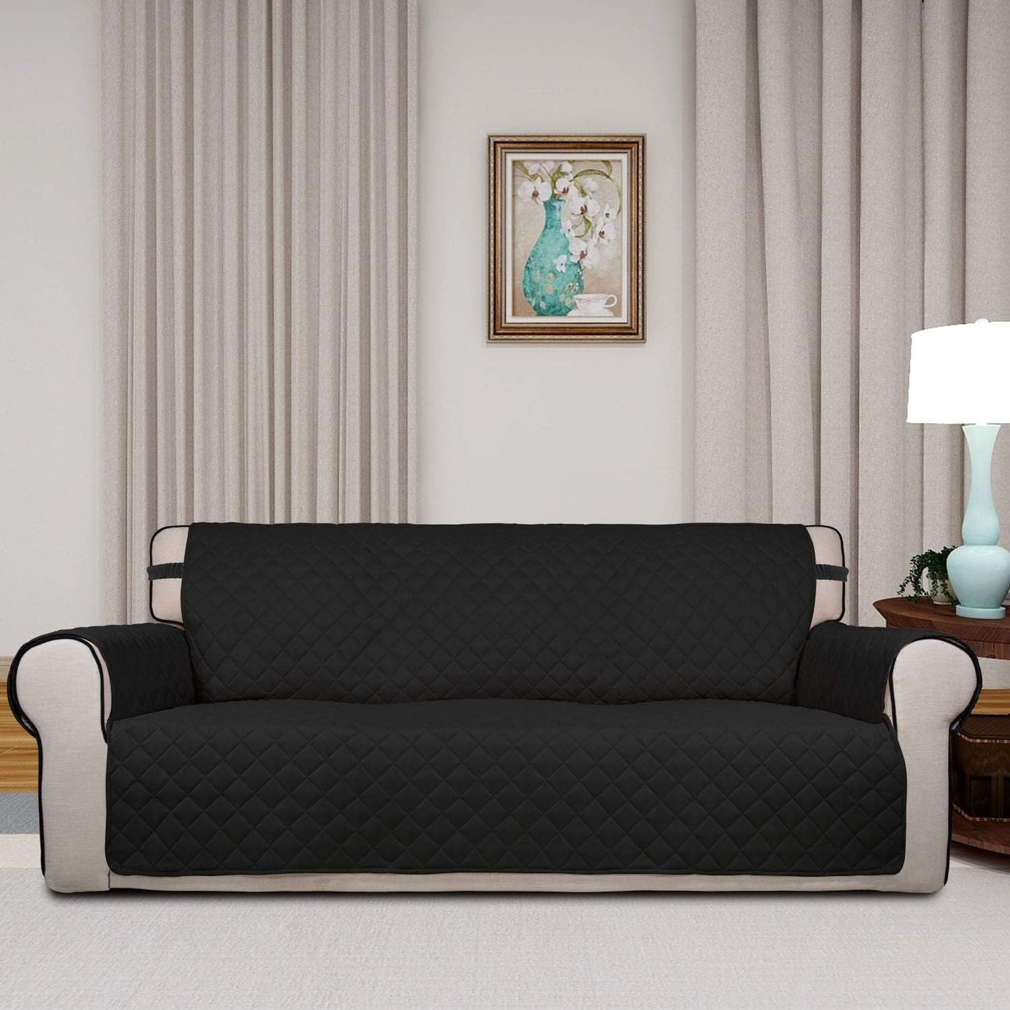 PureFit Reversible Quilted Sofa Cover, Water Resistant Slipcover Furniture Protector, Washable Couch Cover with Non Slip and Elastic Straps for Kids, Dogs, Pets (Oversized Sofa, Black/Beige)