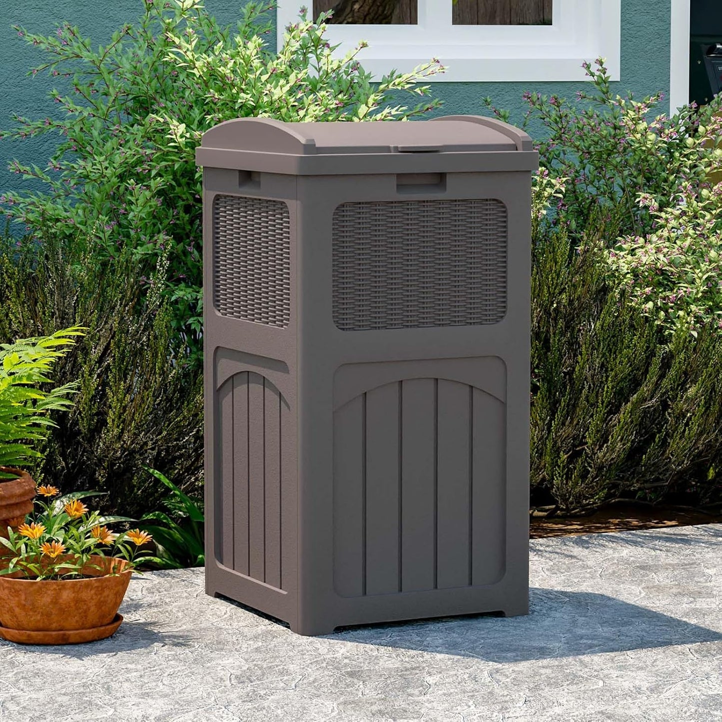 Patiowell 36 Gallon Outdoor Trash Can, Resin Outdoor Garbage Can with Lid for Patio, Backyard, Deck, Dark Brown