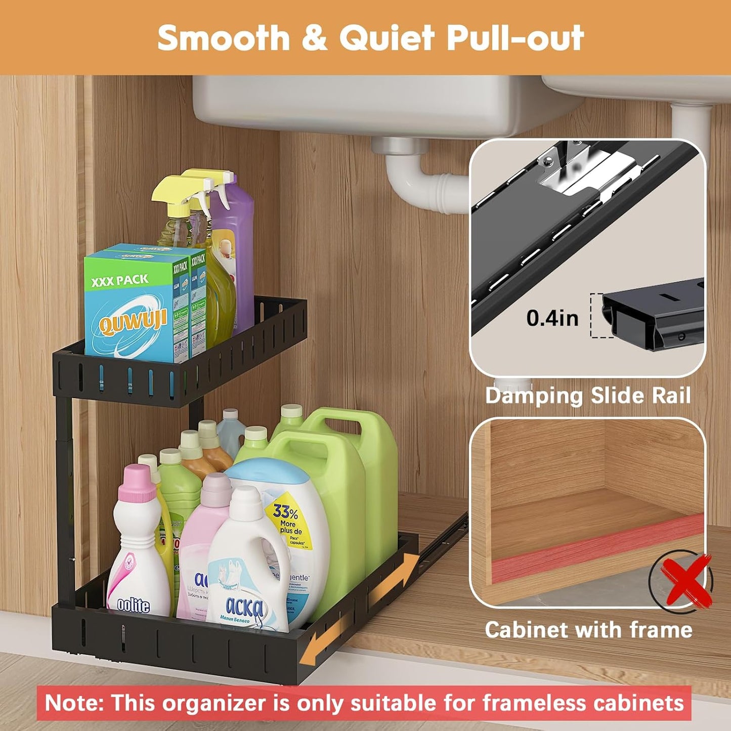 REALINN Under Sink Organizer, 2 Tier Expandable Under Cabinet Organizer, Heights Adjustable Pull Out Storage for Kitchen Bathroom Laundry, Black, 1 Pack