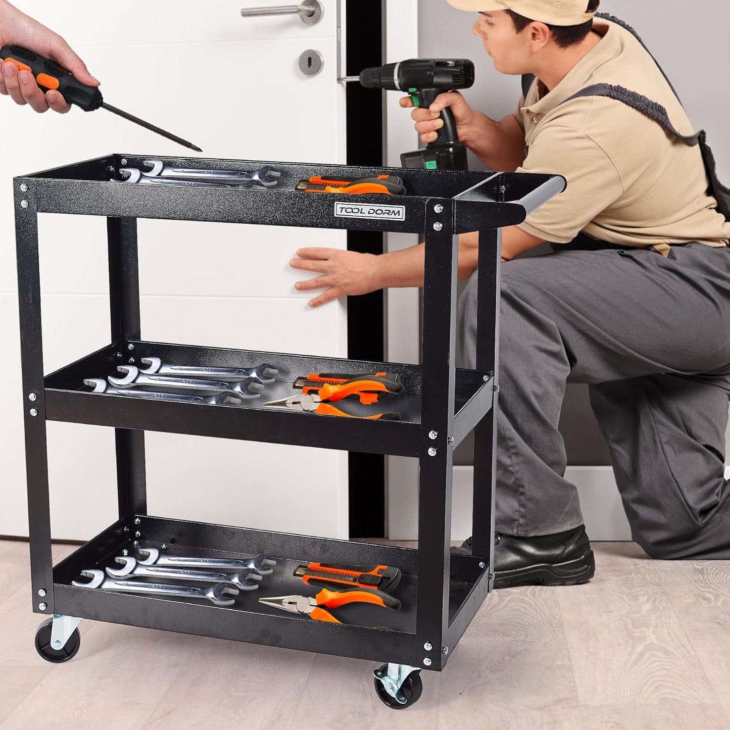 Utility Service Cart, 3 Shelf 200LBS Heavy Duty Steel Rolling Utility Cart, Medium Lipped Shelf, 360° Swivel Wheels, Ergonomic Storage Handle for Warehouse Garage, Black