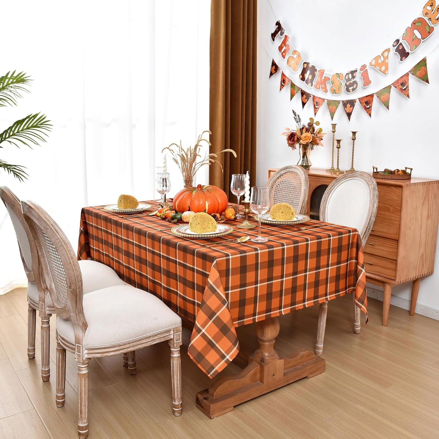 Waterproof Gingham Festive Tablecloth Fabric - Oblong 52x70 Inch Classic Buffalo Tartan Autumn Table Cloth for Outdoor Use - Give Thanks Tabletop Cover Perfect for Halloween, BBQs, Parties