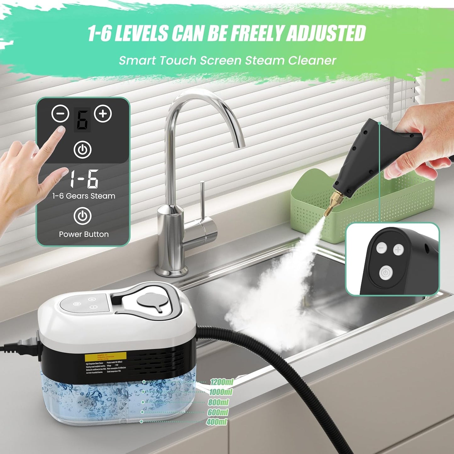 2500W Steam Cleaner for Home Use, 6-level Speed Adjustable Handle, 1.2L Handheld Car Steam Cleaner for Home Car Kitchen Furniture Floor, High Pressure Steam Machine with 4 Brush Heads White