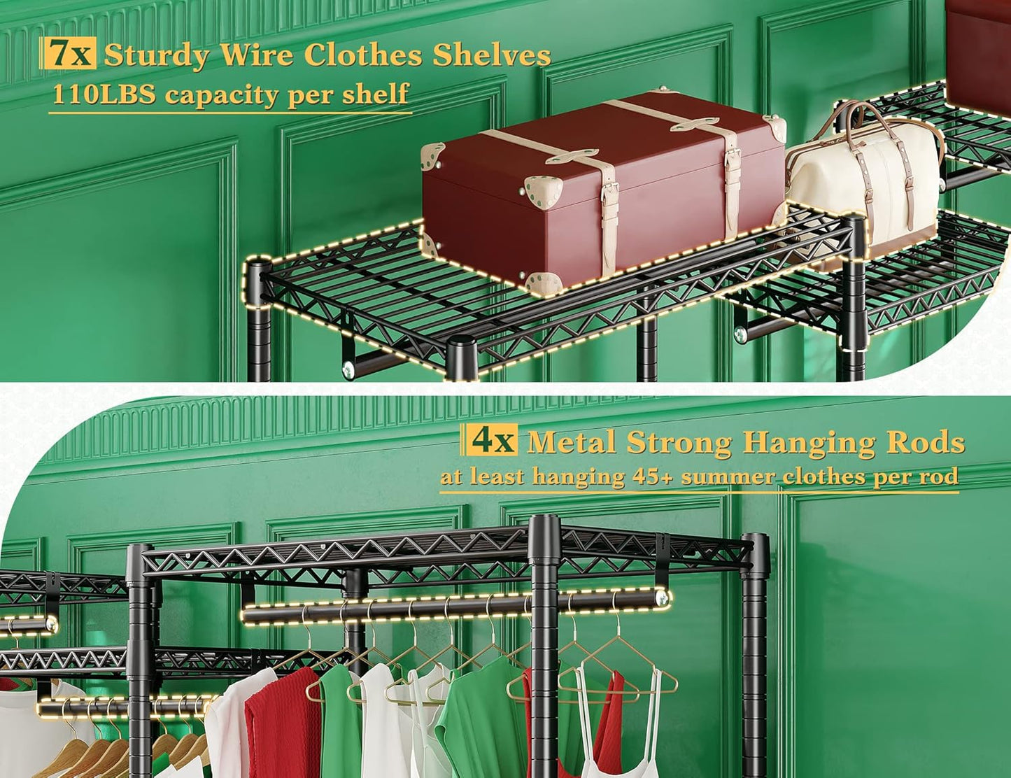 Raybee Clothes Rack, 725 LBS Clothing Rack Adjustable Clothing Racks for Hanging Clothes Metal Wire Garment Racks Sturdy Clothes Rack, 77" H x 70.5" W x 13.8" D, Black