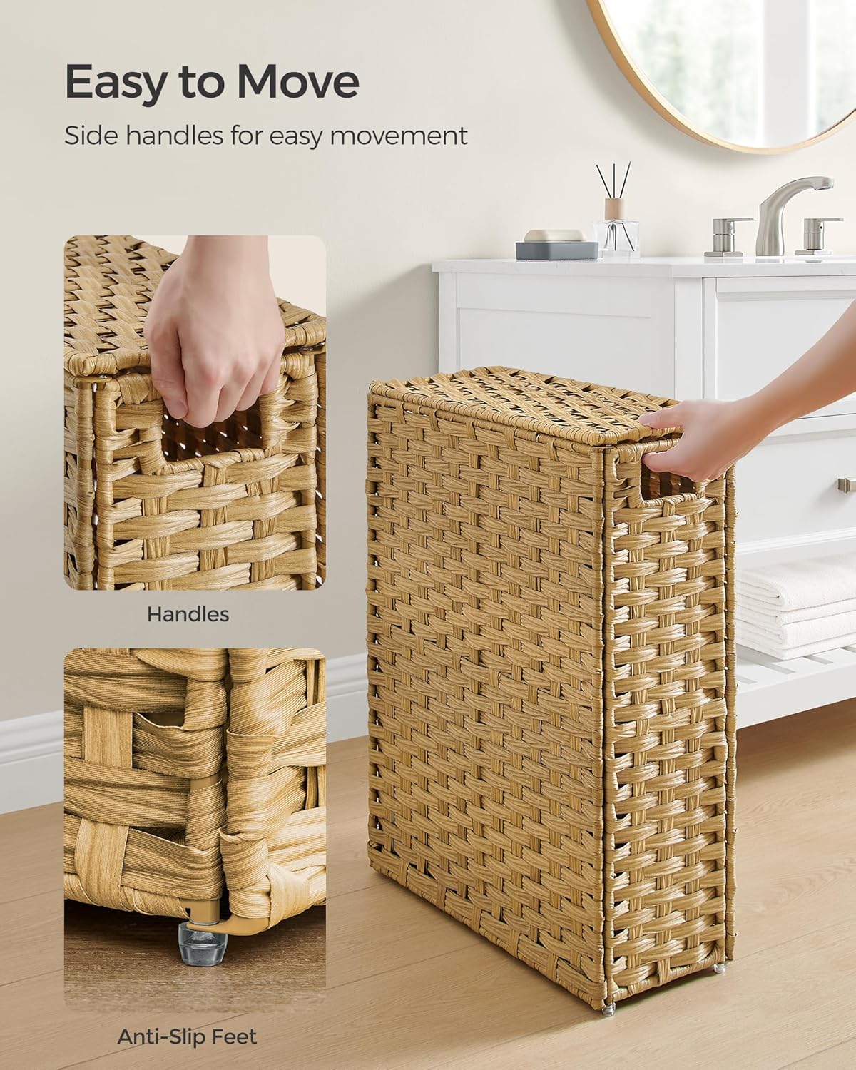 SONGMICS Slim Laundry Hamper with Lid, 14.5 Gallon (55L) Rattan Clothes Laundry Basket with Lid and Handles, Foldable, Removable Liner, Goose Yellow ULCB164N01