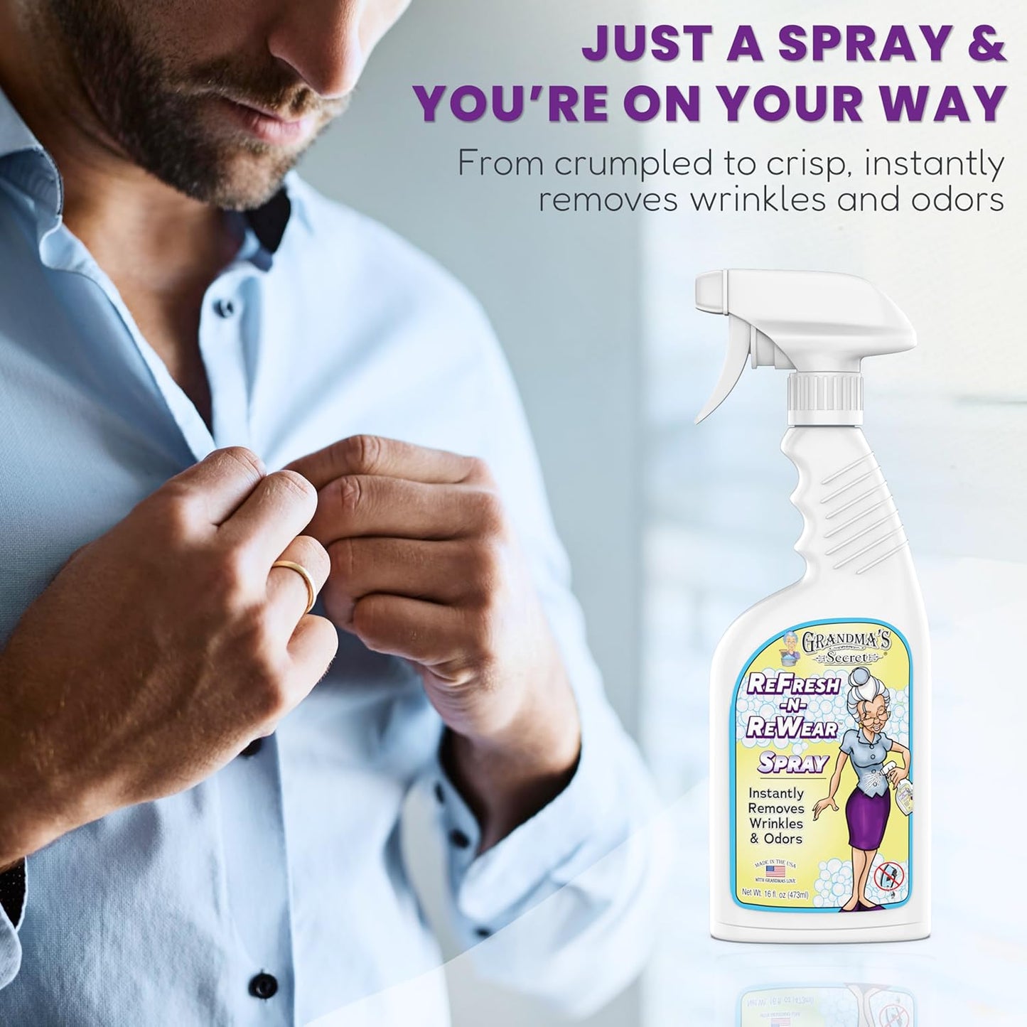 Grandma's Secret Refresh N ReWear Spray - Instantly Removes Wrinkles & Odors - Wrinkle Release, Fabric Refresher Spray, Chlorine, Bleach and Toxin-Free - 16 Ounce, 2 Pack