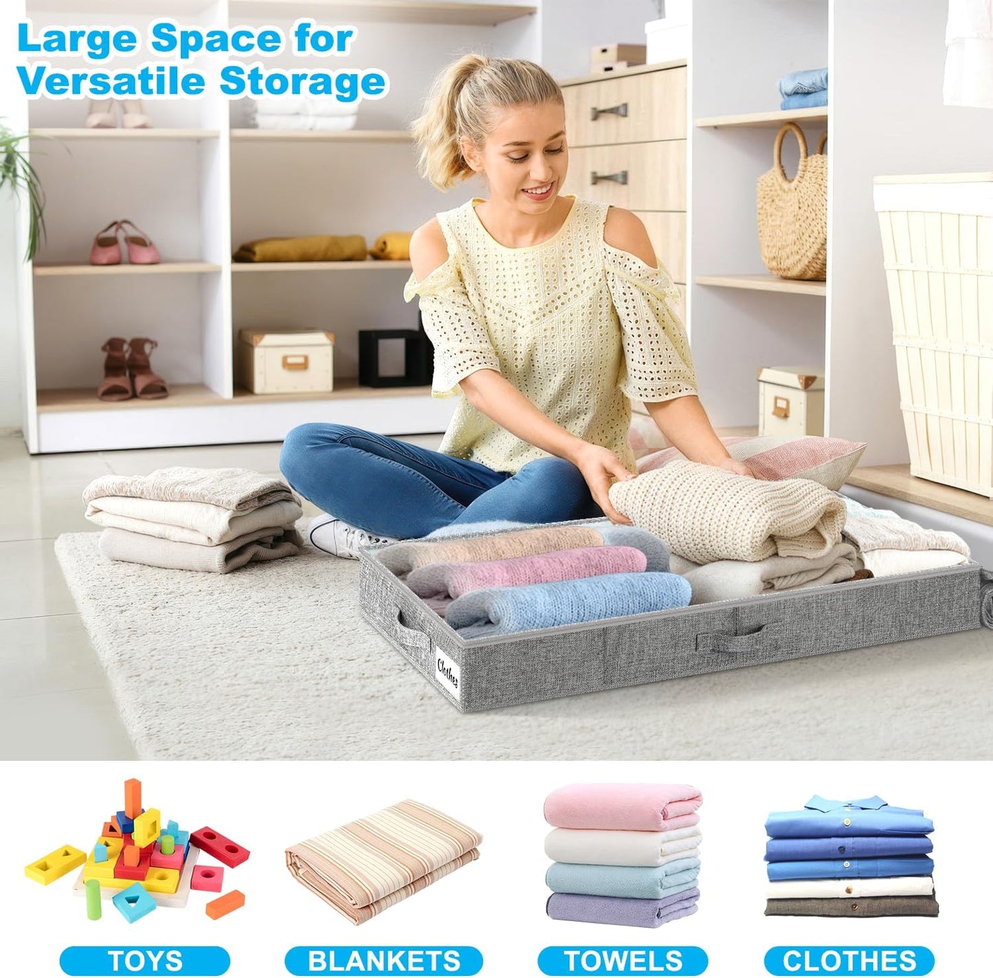 Under Bed Storage Container Bins 2 Pack, 5 Inch Thin Low Profile Underbed Clothes Storage Organizer for Dorm & Home, Use for Blanket and Toy Storage Box W/ Sturdy Bottom/Sides, Foldable Thick Fabric