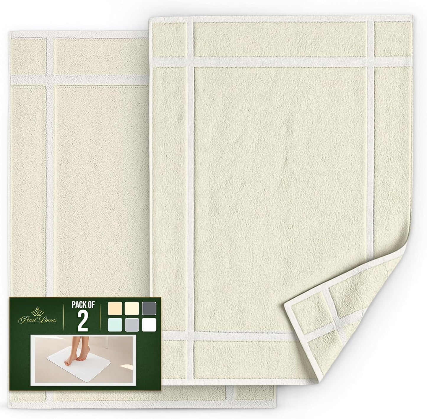 Pearl Linens Pack of 2 100% Cotton Bathmat 20x30 inches, Soft & Absorbent Quick Dry Bathroom Mat Set, Not Bathroom Rugs, After Shower Mat, Bath Tubmat, 687 GSM, Machine Washable, Ivory