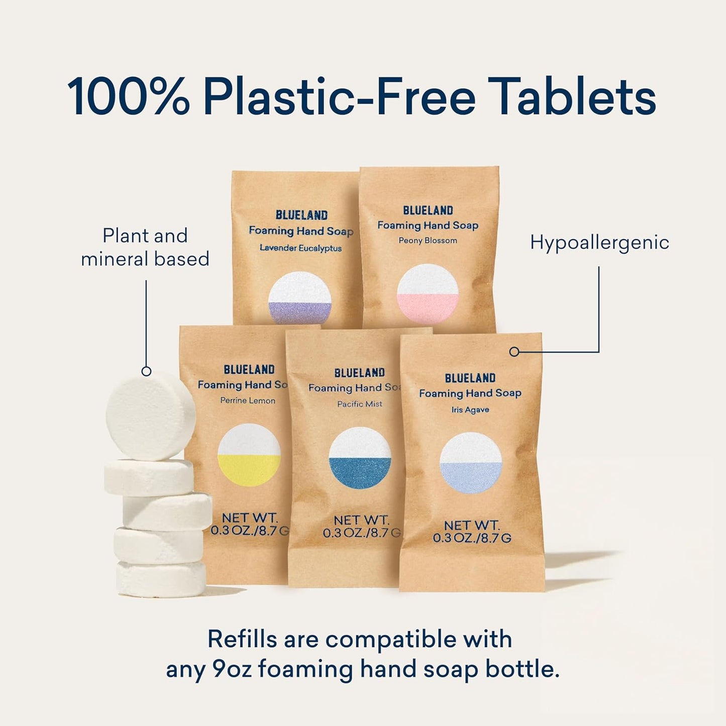 BLUELAND Foaming Hand Soap Refill Tablets, 4-Pack, Garden Blooms Variety Scents, Eco Friendly Cleaning Products, 4 x 9 Fl oz
