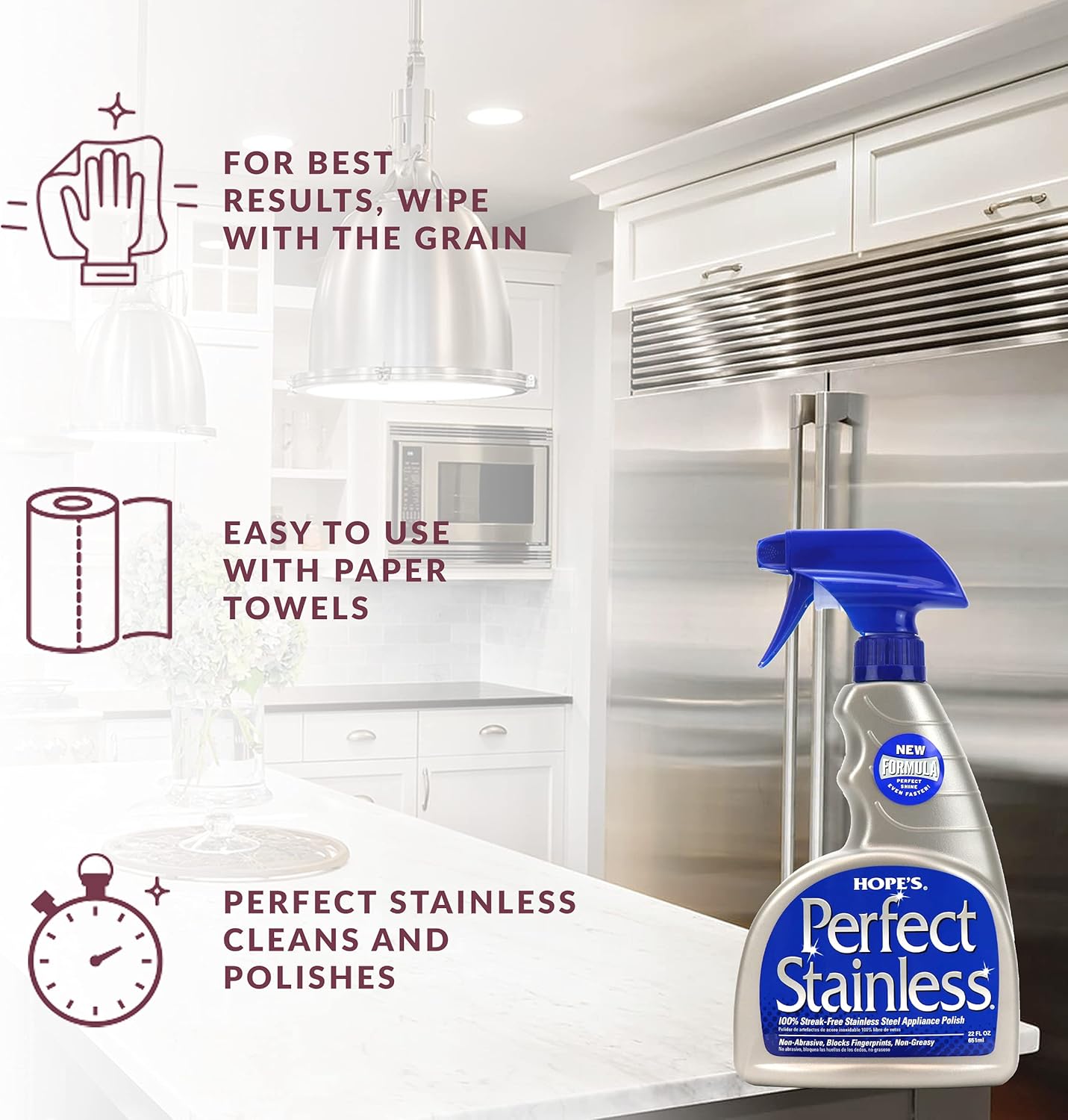 HOPE'S Perfect Stainless Steel Cleaner and Polish, 22-Ounce, Streak-Free Self-Polishing Formula, Blocks Fingerprints, Pack of 12