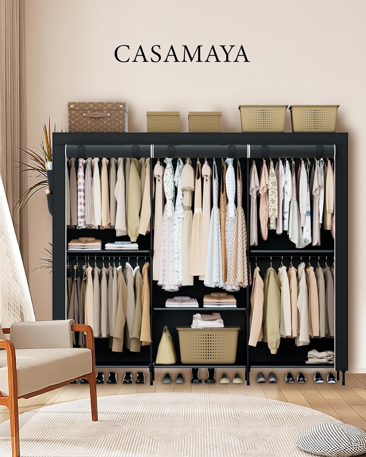 Portable Closet, 81.5 Inch Extra Large Capacity Wardrobe Closet with Cover, Clothes Storage Organizer with Shelves and 5 Hanging Rods, Easy to Assembly, Black PCT136B01