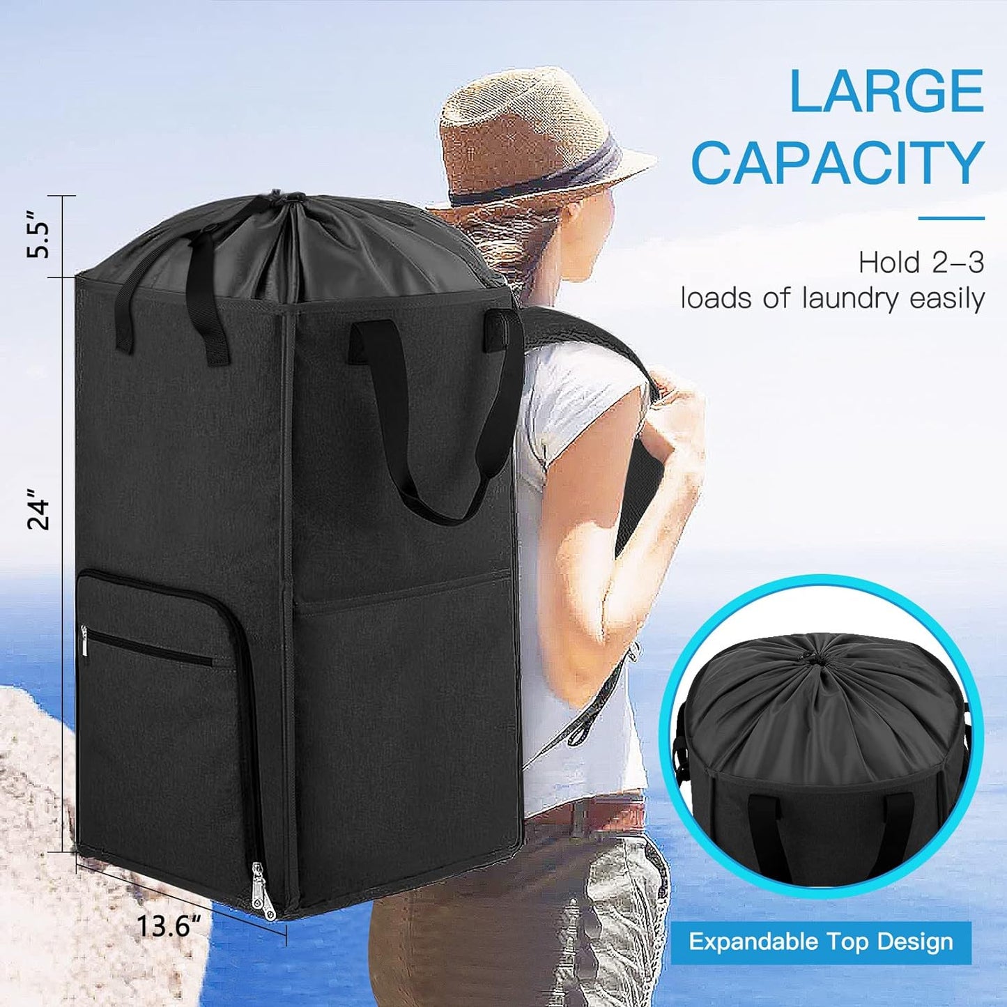 Laundry Backpack Bag, Bukere Extra Large 2 in 1 Laundry Hamper Basket for College Students Dorm Essentials, Adjustable Shoulder Straps, Freestanding Laundry Bag for Apartment, Laundromat, Travel