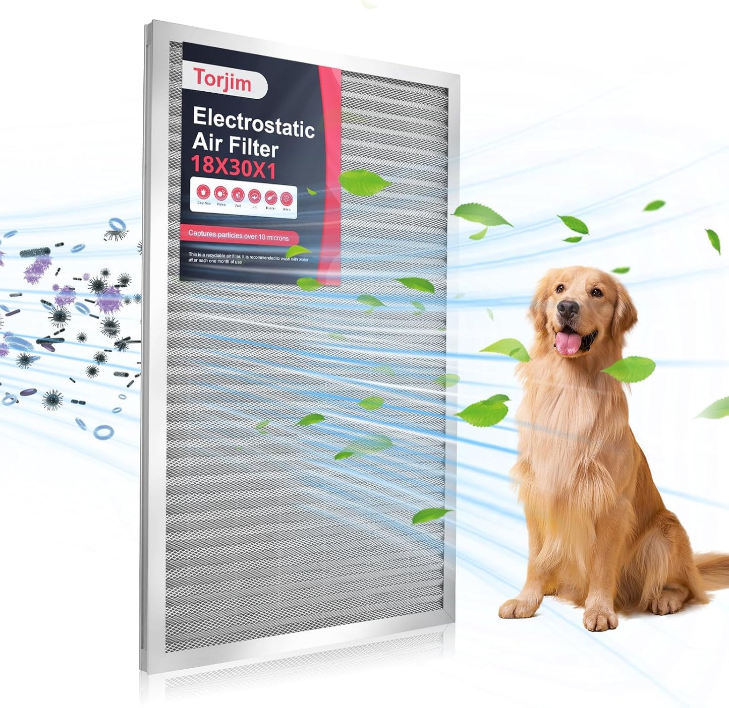 Torjim 18x30x1 MERV8 Air Filter, Washable & Reusable Electrostatic Filter, AC/HVAC Furnace Filter, Permanent Filter, Breathe Fresher, Easy Install