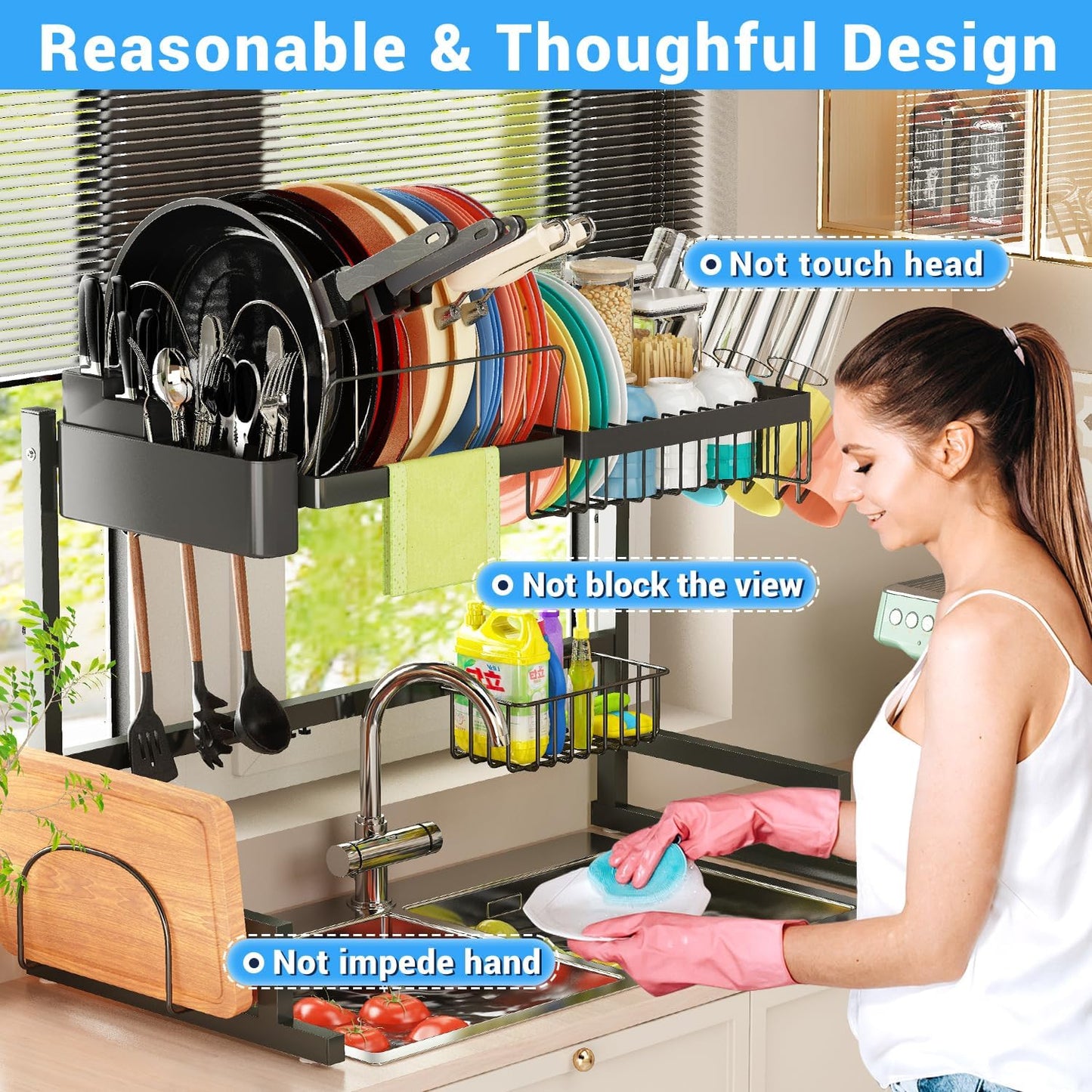 ADBIU 【Fit Sink 24"- 35.6" L 2024 Over The Sink Drying Rack (Expandable Dimension) Snap-On Design 2 Tier Large Dish Rack Kitchen Count Organization and Storage