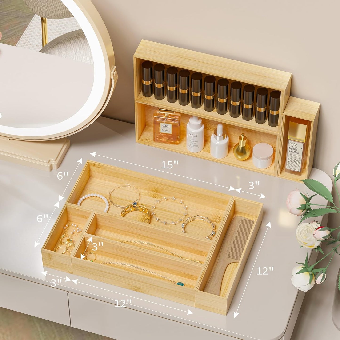 Kitchen Drawer Organizer Tray, Stackable Bamboo Deep Drawer Organizer for Large Silverware, Utensils, Cutlery, Flatware,Junk Drawer, Dresser, Bathroom, 17" x 6" x 2.5" (Set of 2)
