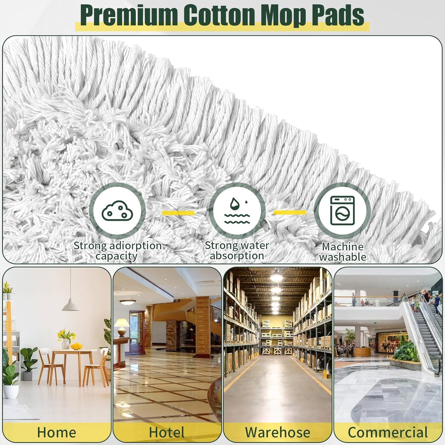 24" Commercial Dust Mop Replacement Padsfor Cleaning Office Garage Hardwood Warehouse, 2 Pack ,Green