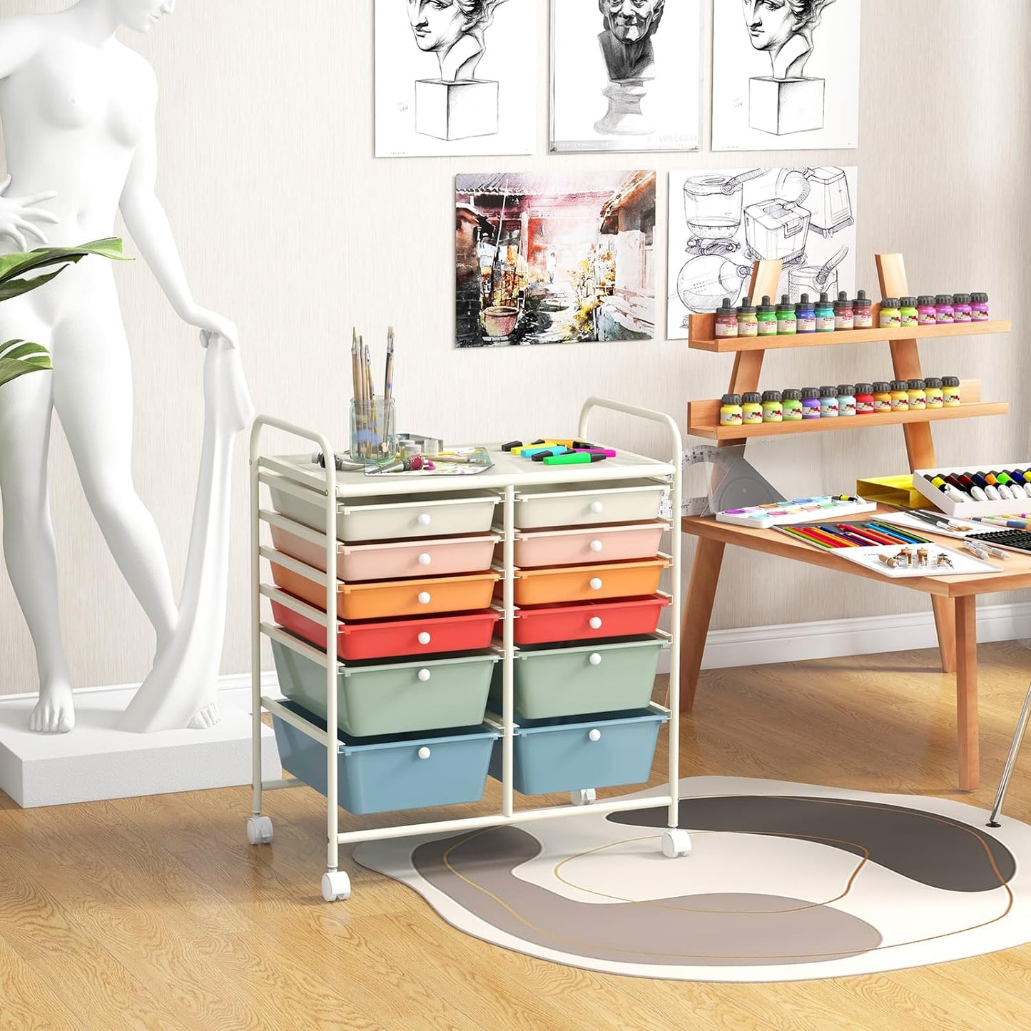 GOFLAME 12-Drawer Rolling Storage Cart, Multipurpose Organizer with 2 Sizes Plastic Drawers, Mobile Utility Cart with Lockable Casters for Home, Office, Beauty Salon, School, Macaron Color