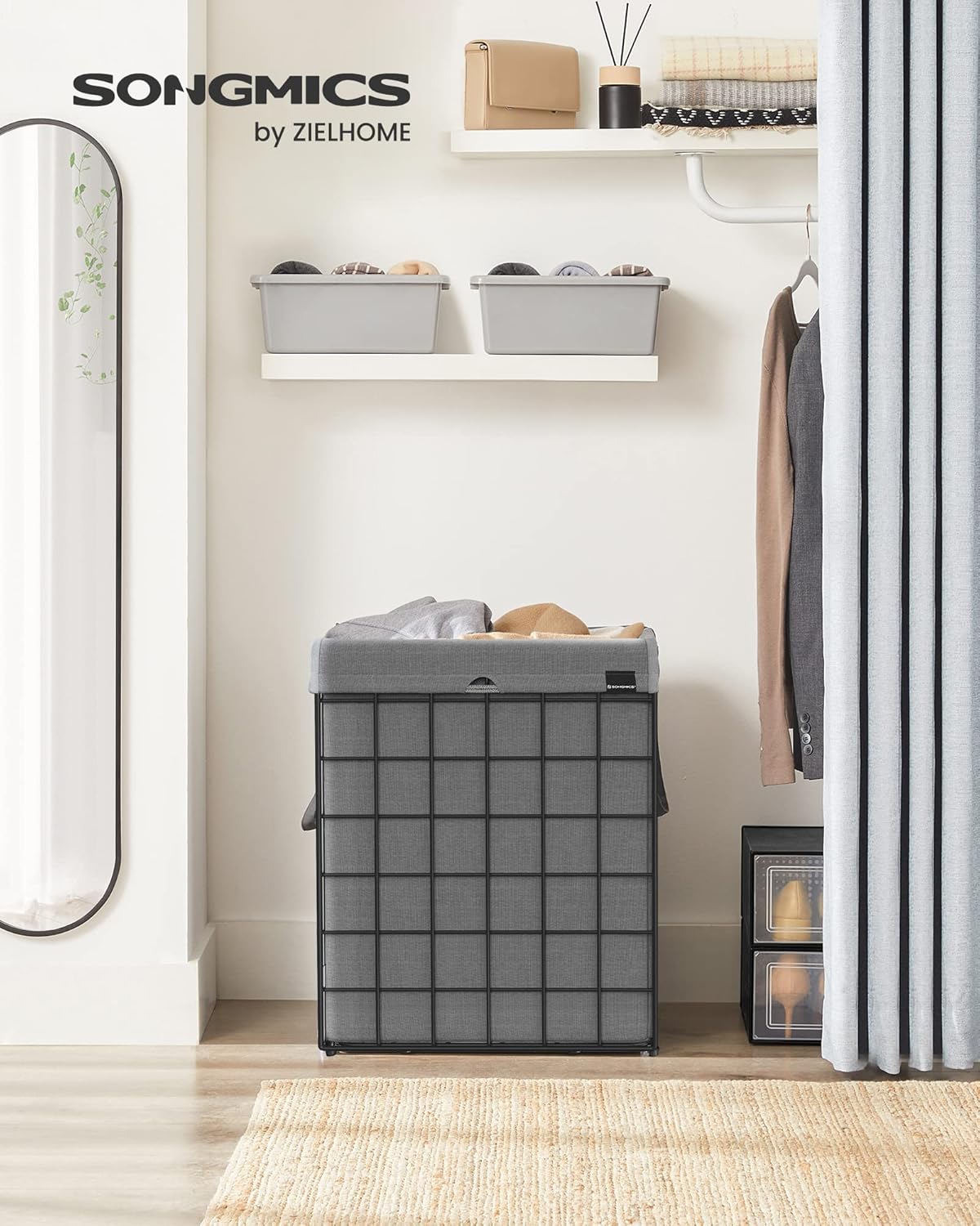 SONGMICS Laundry Hamper, 23.8 Gal. (90L) Laundry Basket, Collapsible Clothes Hamper, Removable and Washable Liner, Metal Wire Frame, for Bedroom Bathroom, Black and Gray ULCB190G01