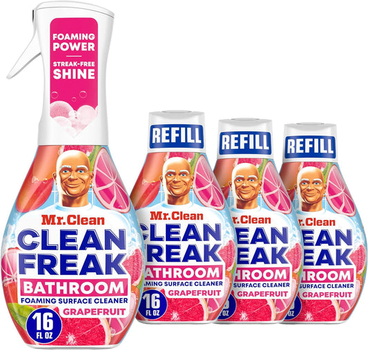 Mr. Clean Clean Freak Foaming Bathroom Surface Cleaner Multi-Surface Spray Starter Kit and Refill Bundle, Grapefruit Scent, 64 fl oz