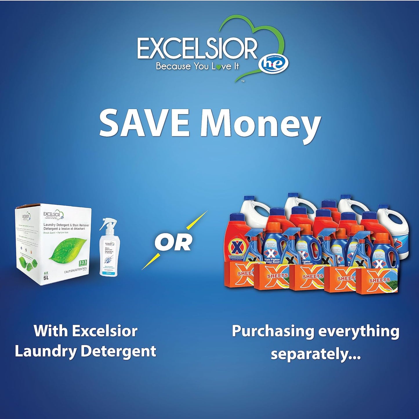 Excelsior HE Concentrated Liquid Laundry Detergent with Stain Remover, Removes 333 Loads for Cleaning Clothes, Phosphate-Free, Solvent-Free, Fresh Scent, 5L…